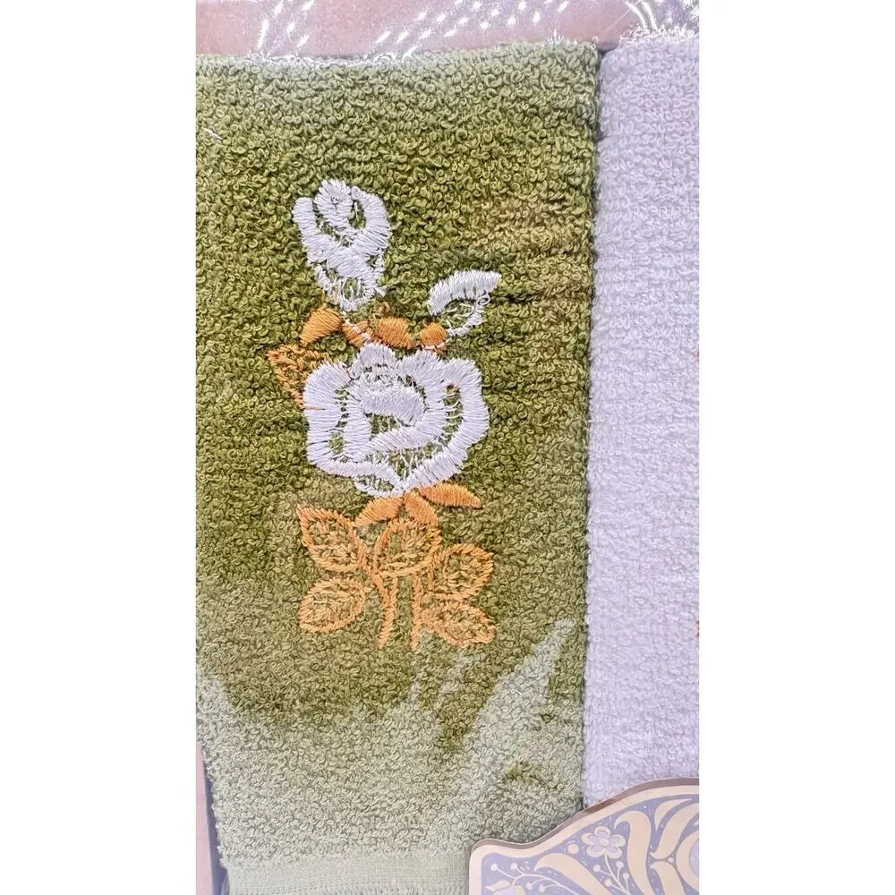VTG MCM Royal Terry Avocado Floral Hostess Towel Set Made In USA Sealed